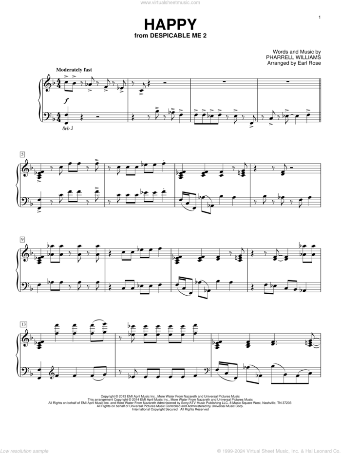 Happy, (intermediate) sheet music for piano solo by Pharrell Williams, Earl Rose and Pharrell, intermediate skill level