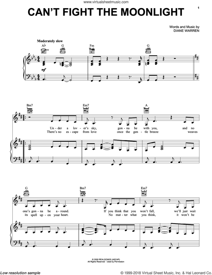 Can't Fight The Moonlight sheet music for voice, piano or guitar by Diane Warren, intermediate skill level
