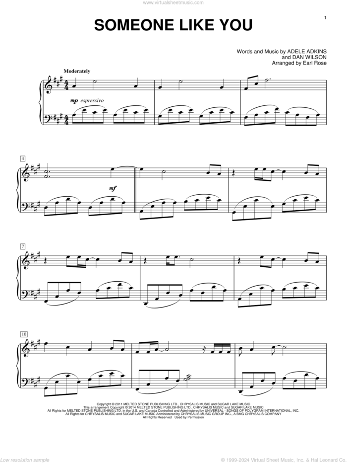 Someone Like You sheet music for piano solo by Adele, Earl Rose, Adele Adkins and Dan Wilson, intermediate skill level