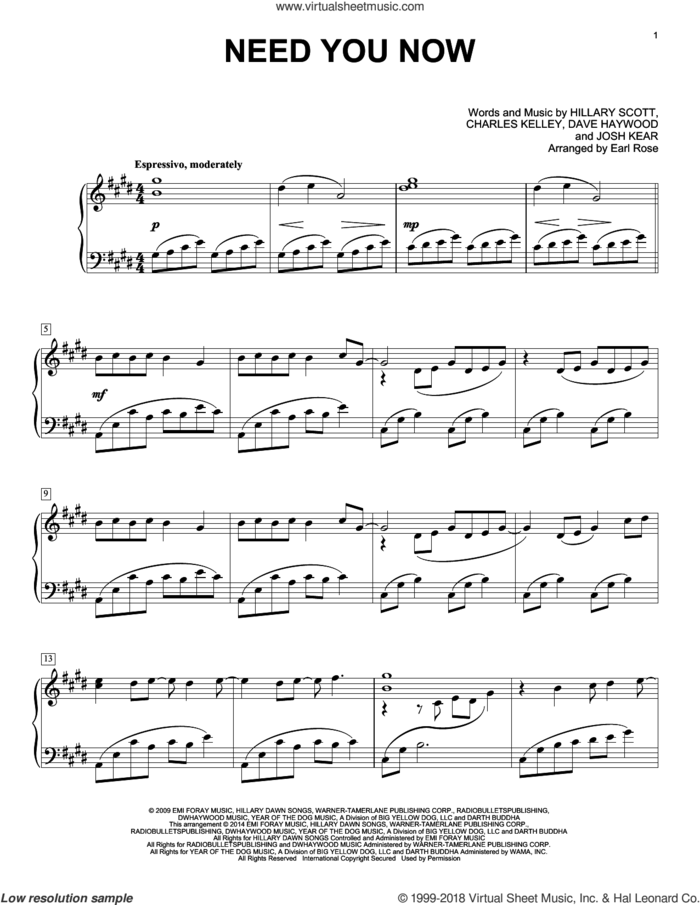 Need You Now (arr. Earl Rose) sheet music for piano solo by Earl Rose, Glee Cast, Lady A, Lady Antebellum, Charles Kelley, Dave Haywood, Hillary Scott and Josh Kear, intermediate skill level