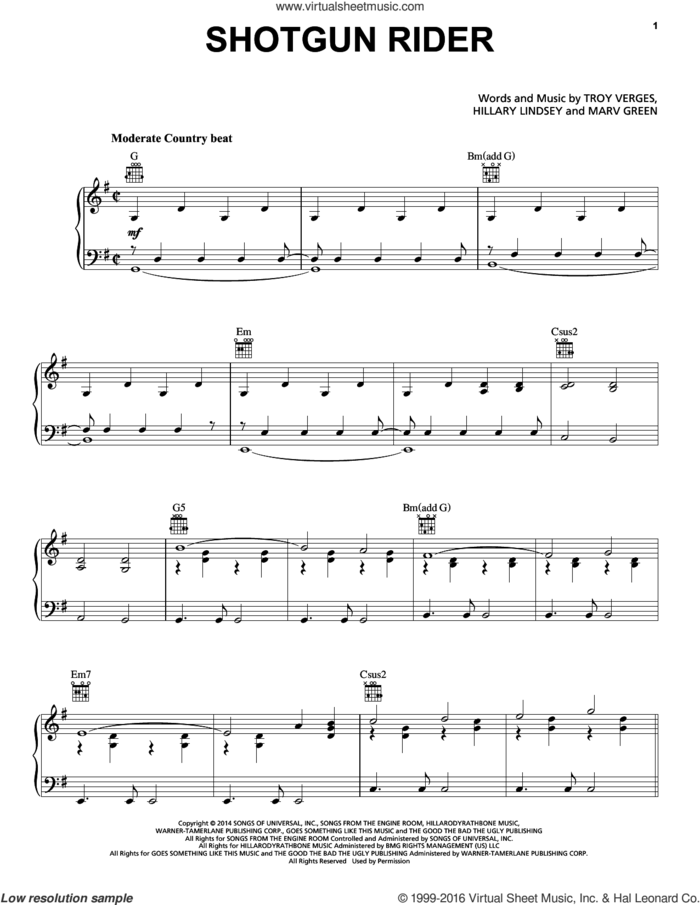 Shotgun Rider sheet music for voice, piano or guitar by Tim McGraw, Hillary Lindsey, Marv Green and Troy Verges, intermediate skill level