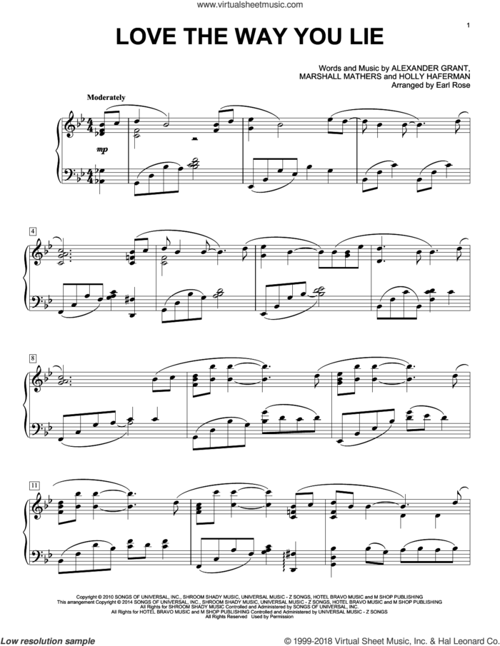 Love The Way You Lie sheet music for piano solo by Earl Rose, Eminem featuring Rihanna, Alexander Grant, Holly Haferman and Marshall Mathers, intermediate skill level
