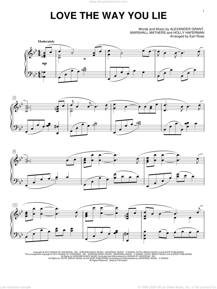 Love The Way You Lie sheet music for piano solo by Earl Rose, Eminem featuring Rihanna, Alexander Grant, Holly Haferman and Marshall Mathers, intermediate skill level