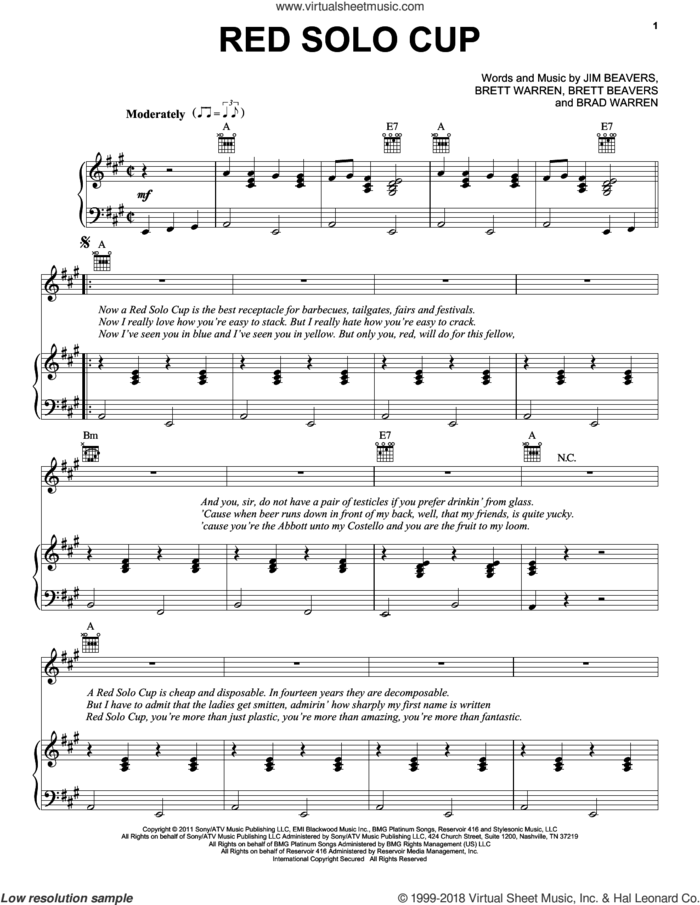 Red Solo Cup sheet music for voice, piano or guitar by Toby Keith, Brad Warren, Brett Beavers, Brett Warren and Jim Beavers, intermediate skill level