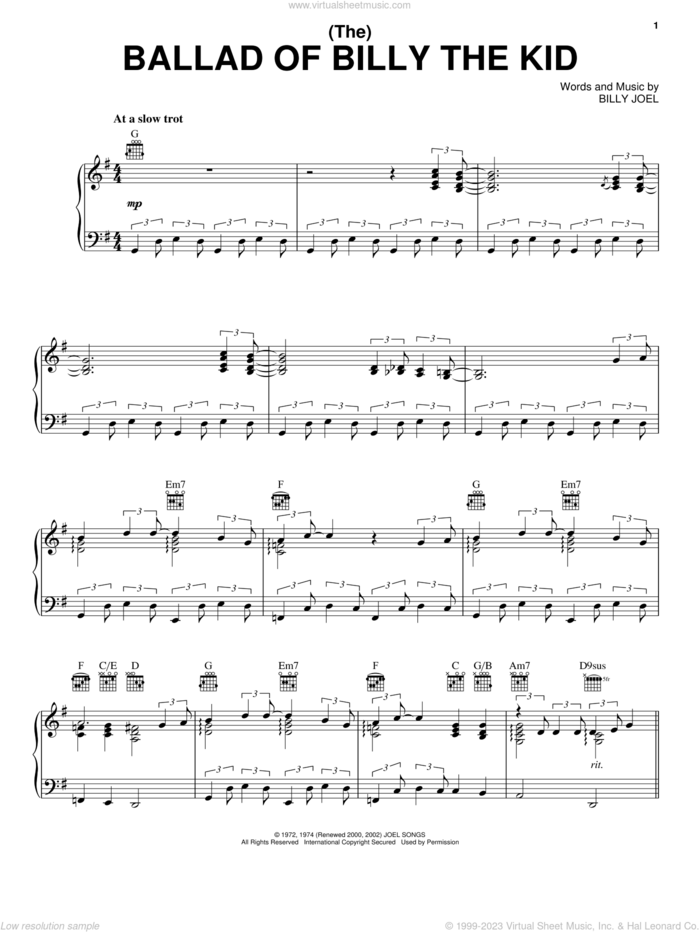 (The) Ballad Of Billy The Kid sheet music for voice, piano or guitar by Billy Joel, intermediate skill level