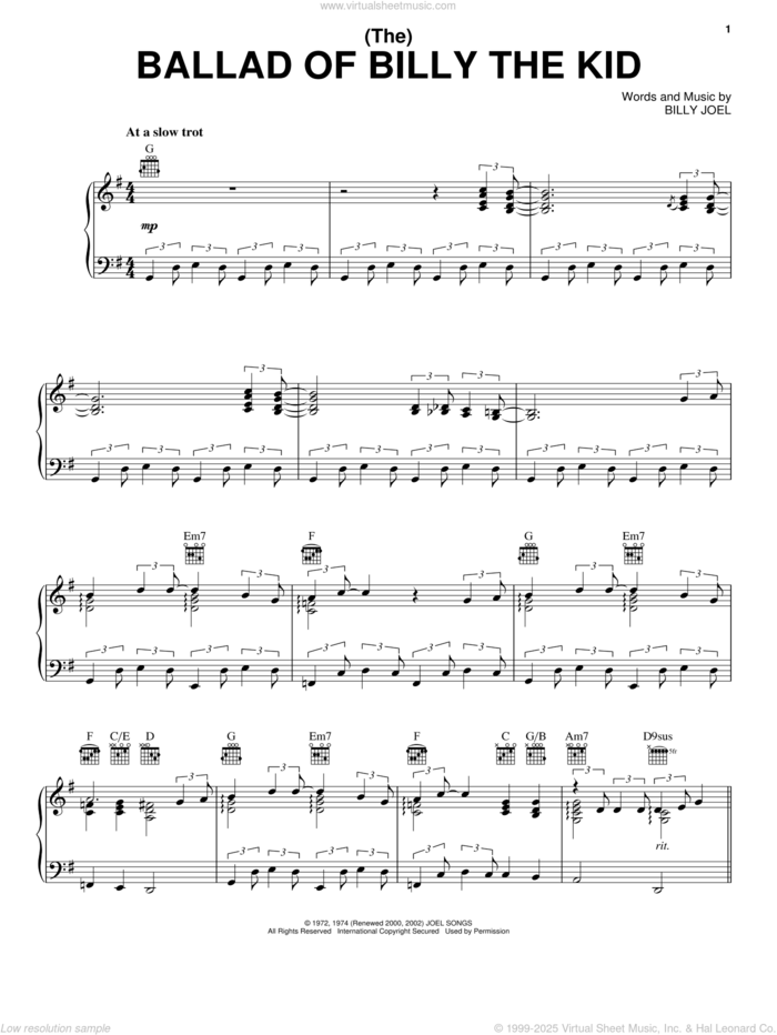 (The) Ballad Of Billy The Kid sheet music for voice, piano or guitar by Billy Joel, intermediate skill level