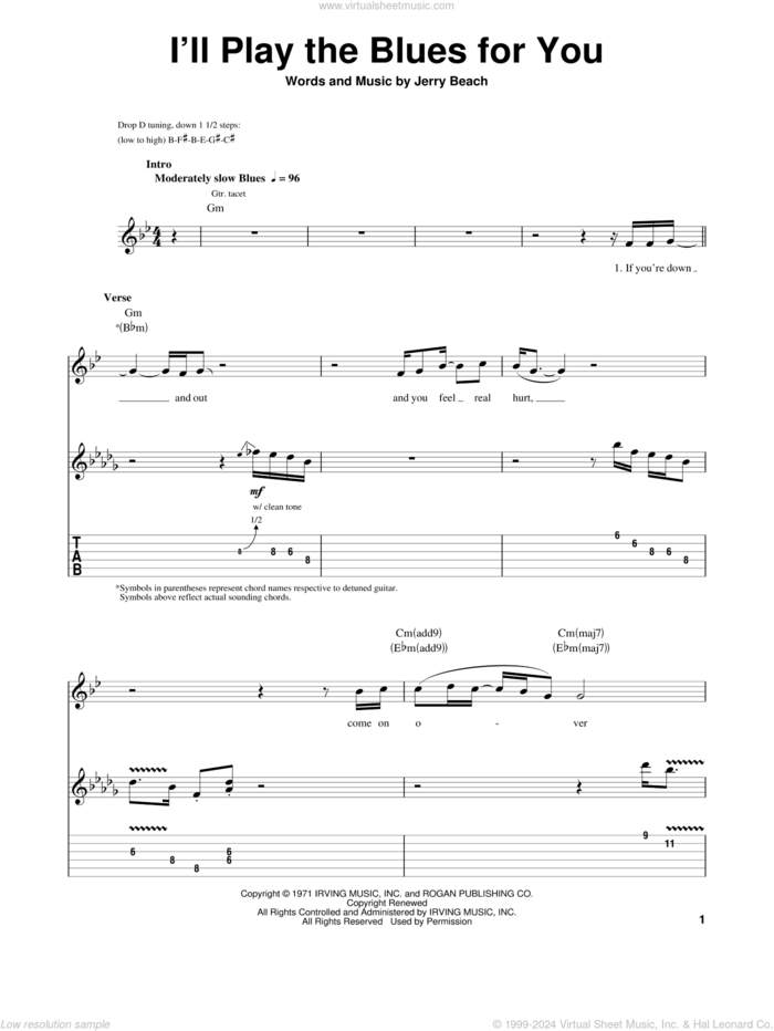 I'll Play The Blues For You sheet music for guitar (tablature, play-along) by Albert King and Jerry Beach, intermediate skill level