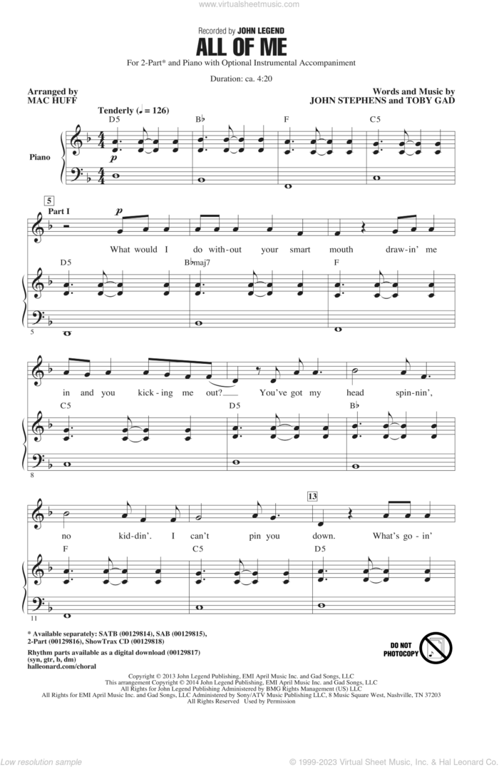 All Of Me (arr. Mac Huff) sheet music for choir (2-Part) by Toby Gad, Mac Huff, John Legend and John Stephens, wedding score, intermediate duet