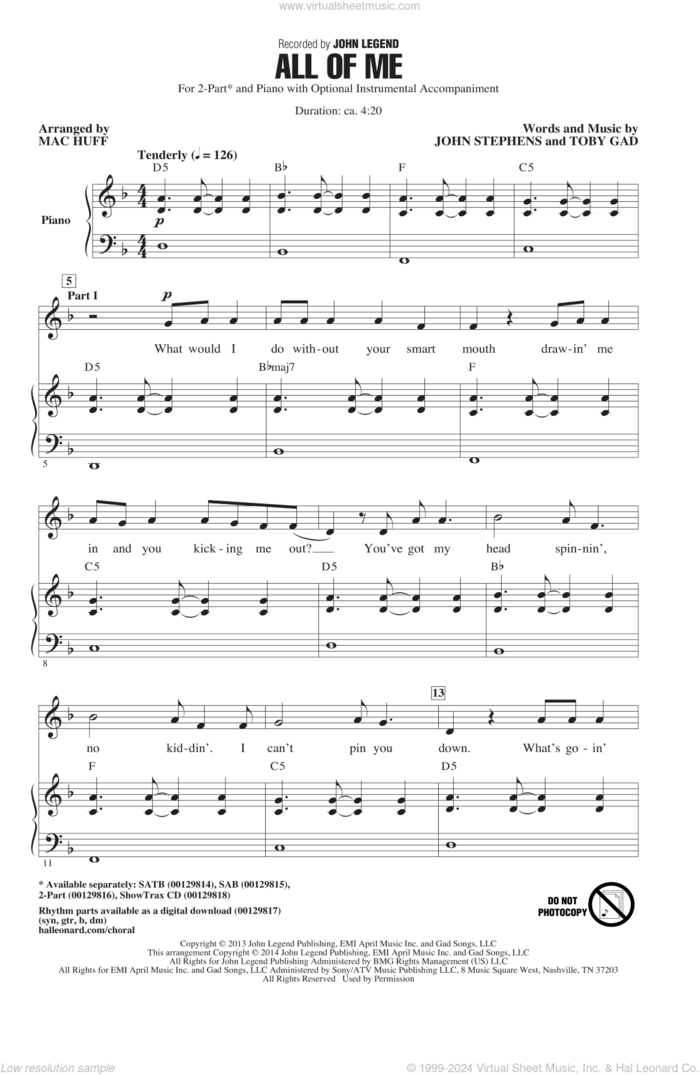 All Of Me (arr. Mac Huff) sheet music for choir (2-Part) by Toby Gad, Mac Huff, John Legend and John Stephens, wedding score, intermediate duet