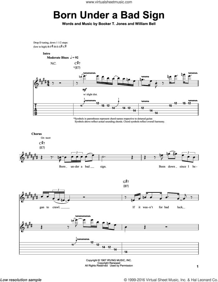 Born Under A Bad Sign sheet music for guitar (tablature, play-along) by Albert King, Booker T. Jones and William Bell, intermediate skill level