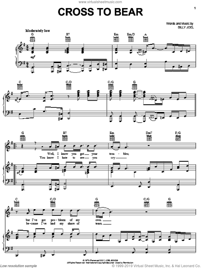 Cross To Bear sheet music for voice, piano or guitar by Billy Joel, intermediate skill level