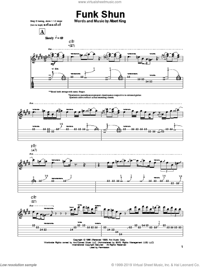 Funk Shun sheet music for guitar (tablature, play-along) by Albert King, intermediate skill level