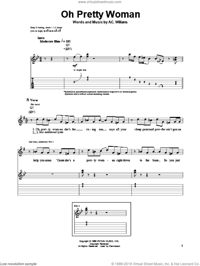 Oh Pretty Woman sheet music for guitar (tablature, play-along) by Albert King and A.C. Williams, intermediate skill level