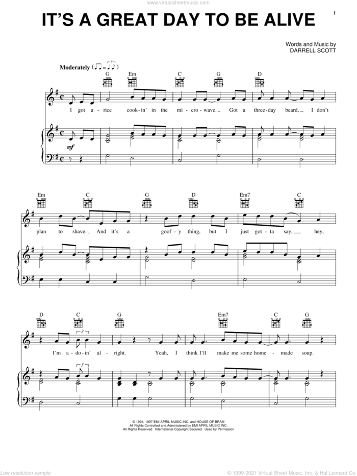 It's A Great Day To Be Alive sheet music for voice, piano or guitar by Travis Tritt and Darrell Scott, intermediate skill level