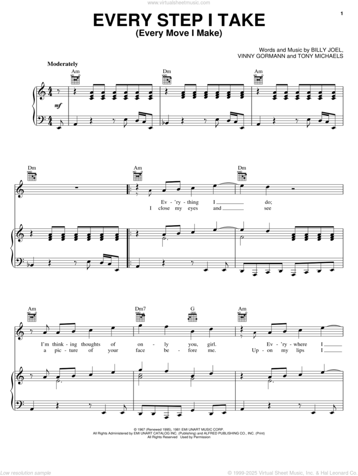 Every Step I Take (Every Move I Make) sheet music for voice, piano or guitar by Billy Joel, Tony Michaels and Vinny Gormann, intermediate skill level