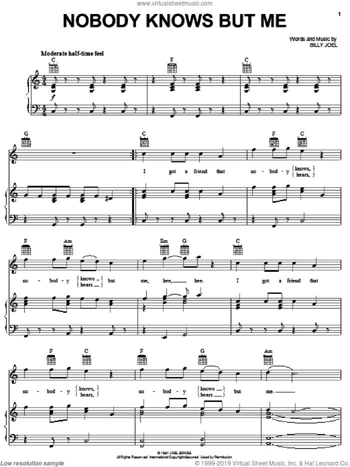 Nobody Knows But Me sheet music for voice, piano or guitar by Billy Joel, intermediate skill level