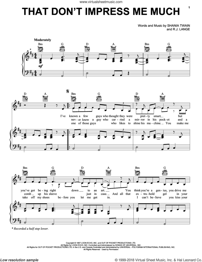 That Don't Impress Me Much sheet music for voice, piano or guitar by Shania Twain and Robert John Lange, intermediate skill level