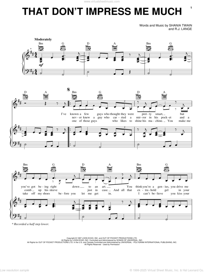 That Don't Impress Me Much sheet music for voice, piano or guitar by Shania Twain and Robert John Lange, intermediate skill level