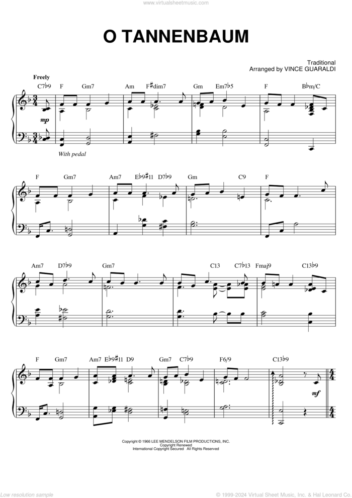 O Tannenbaum, (intermediate) sheet music for piano solo by Vince Guaraldi, intermediate skill level