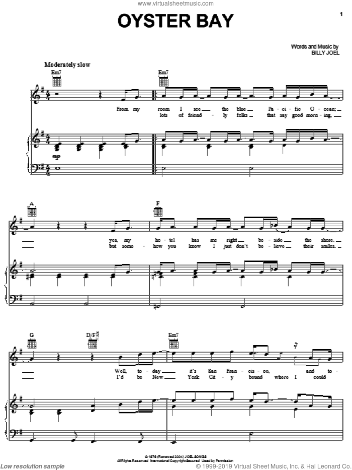 Oyster Bay sheet music for voice, piano or guitar by Billy Joel, intermediate skill level