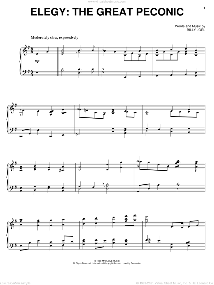 Elegy: The Great Peconic sheet music for piano solo by Billy Joel, intermediate skill level