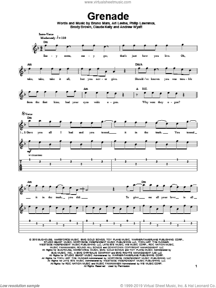Grenade sheet music for guitar (tablature, play-along) by Bruno Mars, Andrew Wyatt, Ari Levine, Brody Brown, Claude Kelly and Philip Lawrence, intermediate skill level