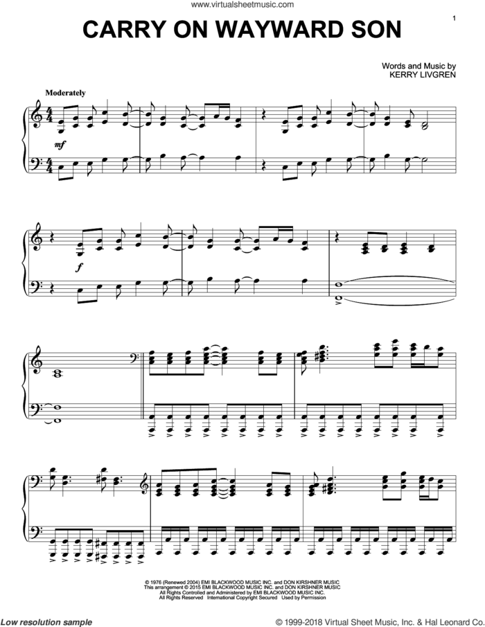 Carry On Wayward Son, (intermediate) sheet music for piano solo by Kansas and Kerry Livgren, intermediate skill level