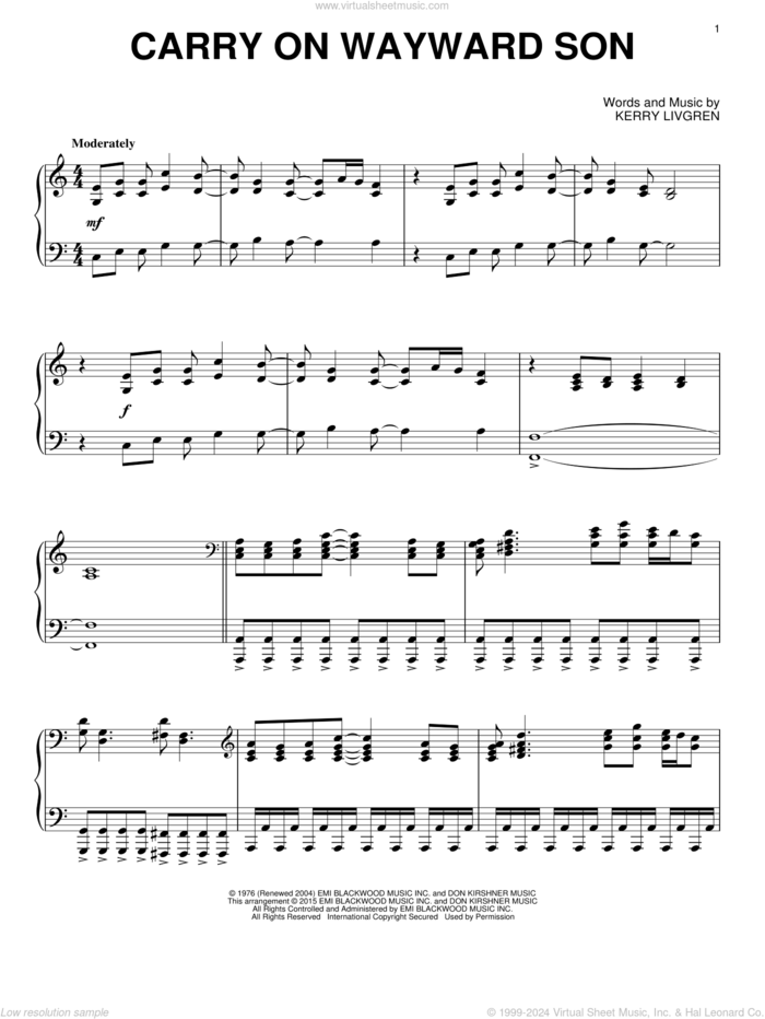 Carry On Wayward Son, (intermediate) sheet music for piano solo by Kansas and Kerry Livgren, intermediate skill level