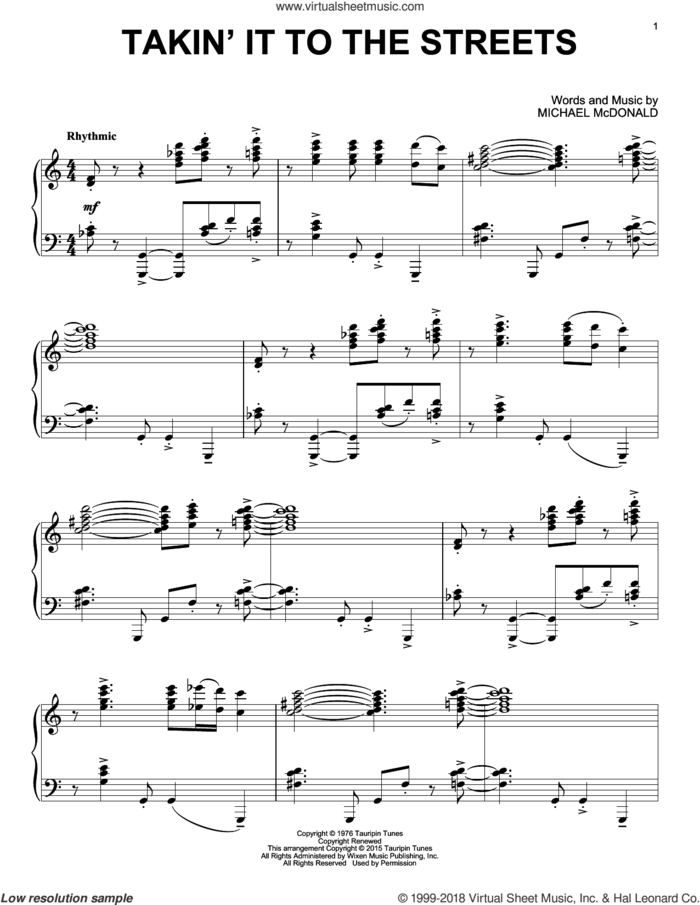 Takin' It To The Streets sheet music for piano solo by Doobie Brothers, The Doobie Brothers, Michael McDonald and Taylor Hicks, intermediate skill level