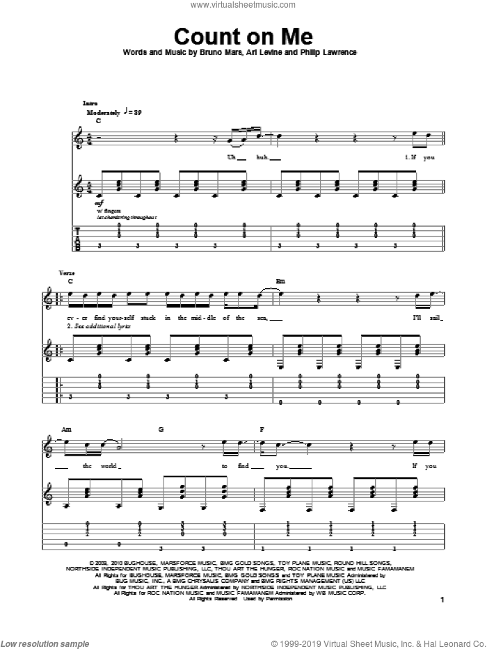 Count On Me sheet music for guitar (tablature, play-along) by Bruno Mars, Ari Levine and Philip Lawrence, intermediate skill level