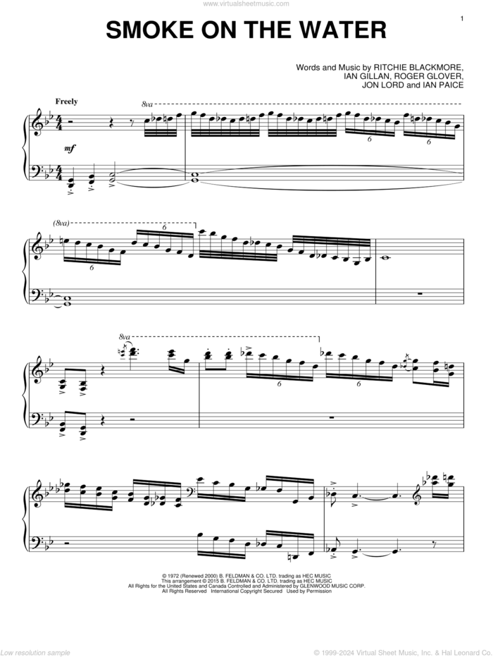 Smoke On The Water, (intermediate) sheet music for piano solo by Deep Purple, Ian Gillan, Ian Paice, Jon Lord, Ritchie Blackmore and Roger Glover, intermediate skill level