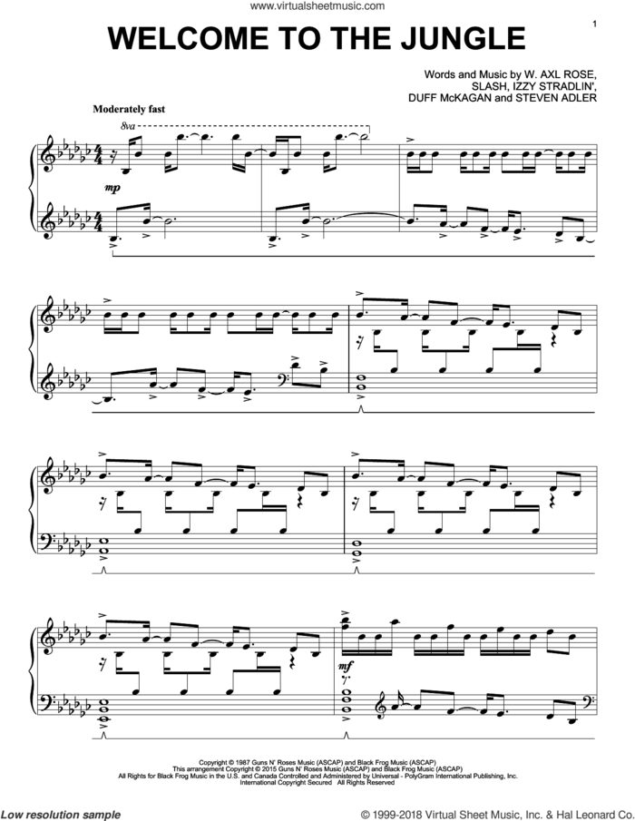 Welcome To The Jungle sheet music for piano solo by Guns N' Roses, Axl Rose, Duff McKagan, Slash and Steven Adler, intermediate skill level