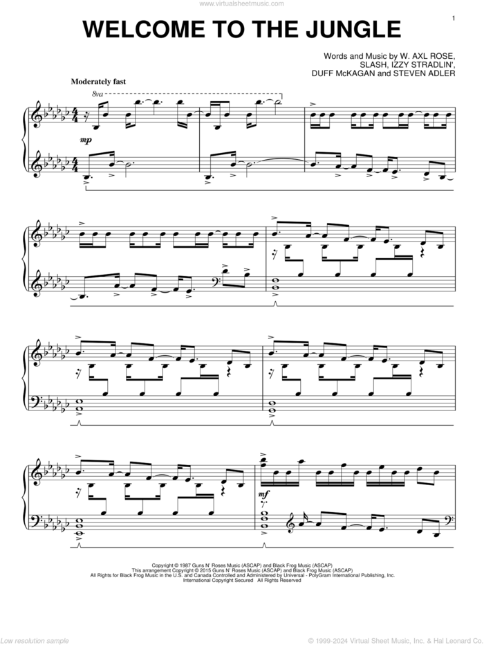 Welcome To The Jungle sheet music for piano solo by Guns N' Roses, Axl Rose, Duff McKagan, Slash and Steven Adler, intermediate skill level