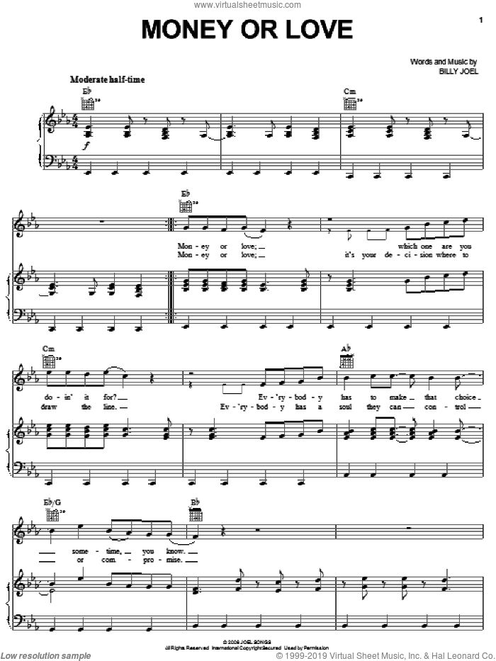 Money Or Love sheet music for voice, piano or guitar by Billy Joel, intermediate skill level