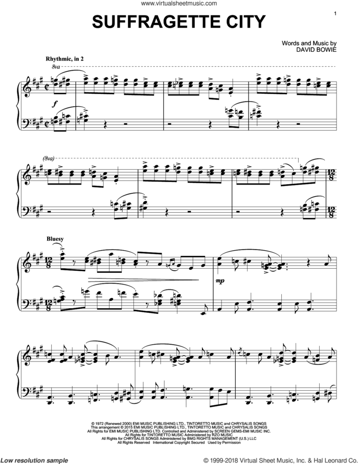 Suffragette City sheet music for piano solo by David Bowie, intermediate skill level