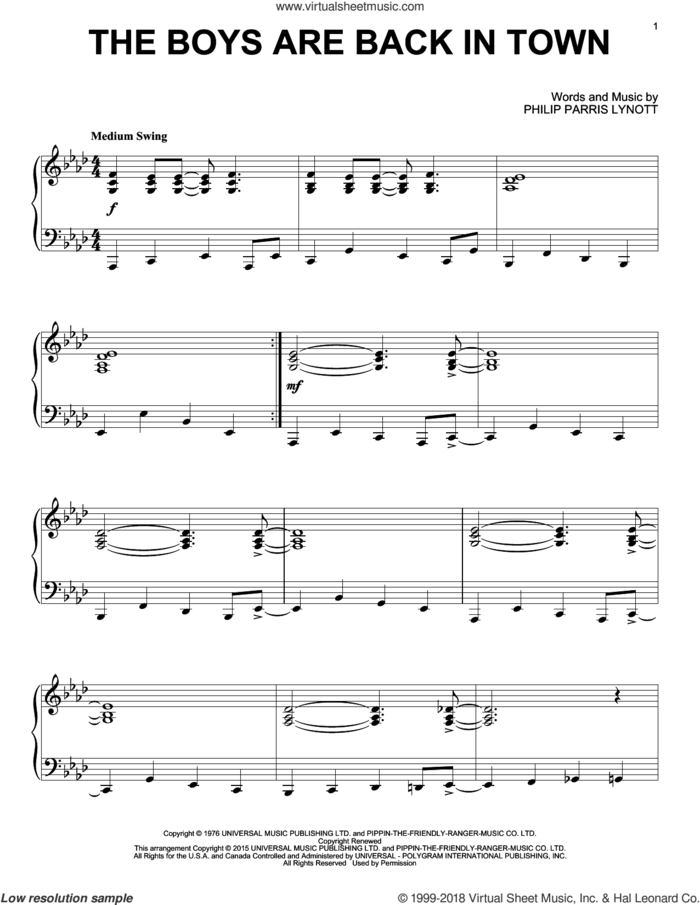 The Boys Are Back In Town sheet music for piano solo by Thin Lizzy and Phil Lynott, intermediate skill level