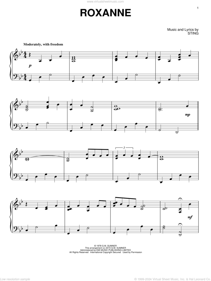 Roxanne, (intermediate) sheet music for piano solo by The Police, Juliet Simms, Miscellaneous and Sting, intermediate skill level