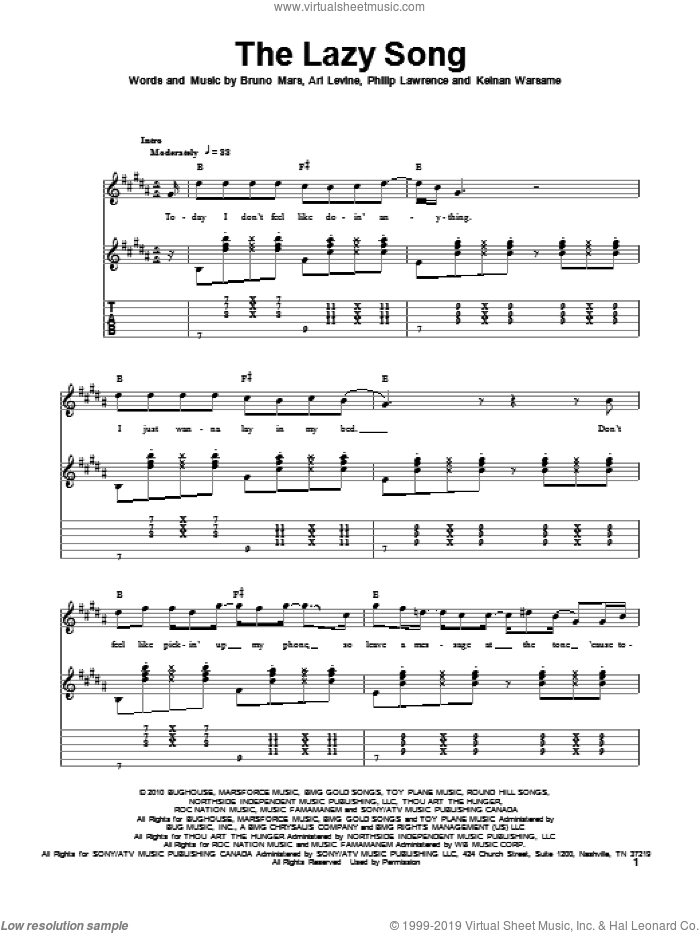 The Lazy Song sheet music for guitar (tablature, play-along) by Bruno Mars, Ari Levine, Keinan Warsame and Philip Lawrence, intermediate skill level