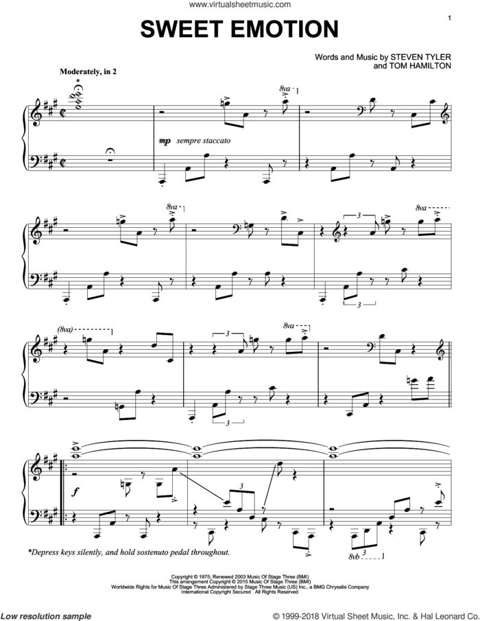 Sweet Emotion sheet music for piano solo by Aerosmith, Steven Tyler and Tom Hamilton, intermediate skill level
