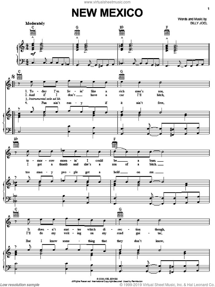 New Mexico sheet music for voice, piano or guitar by Billy Joel, intermediate skill level