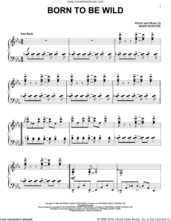 Born To Be Wild, (intermediate) sheet music for piano solo by Steppenwolf and Mars Bonfire, intermediate skill level