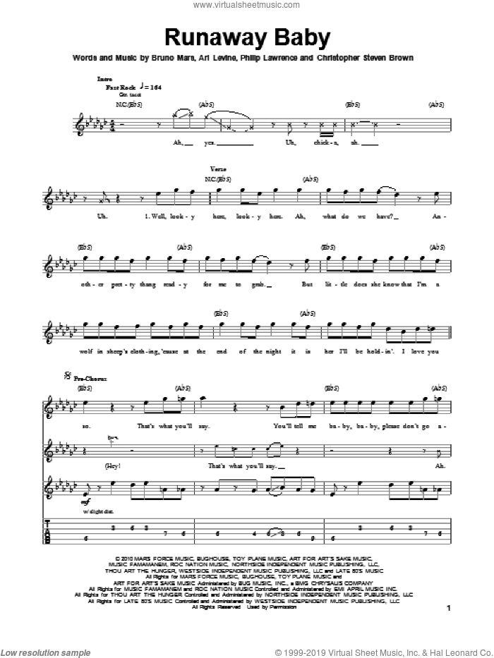 Runaway Baby sheet music for guitar (tablature, play-along) by Bruno Mars, Ari Levine, Christopher Steven Brown and Philip Lawrence, intermediate skill level