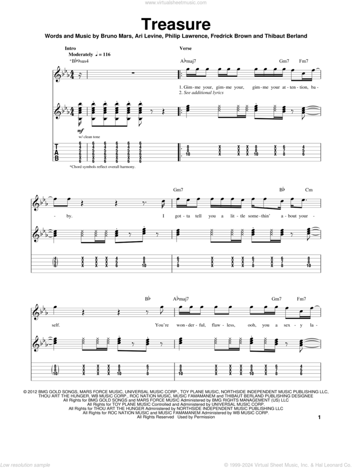 Treasure sheet music for guitar (tablature, play-along) by Bruno Mars, Ari Levine, Fredrick Brown, Philip Lawrence and Thibaut Berland, intermediate skill level