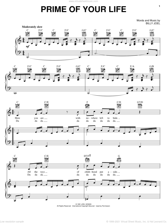 Prime Of Your Life sheet music for voice, piano or guitar by Billy Joel, intermediate skill level