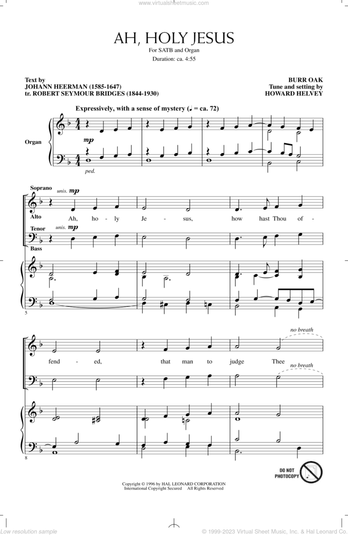 Ah, Holy Jesus sheet music for choir (SATB: soprano, alto, tenor, bass) by Howard Helvey, Johann Heerman and Robert Seymour Bridges, intermediate skill level
