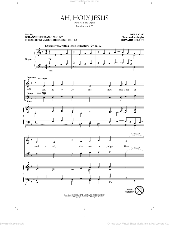 Ah, Holy Jesus sheet music for choir (SATB: soprano, alto, tenor, bass) by Howard Helvey, Johann Heerman and Robert Seymour Bridges, intermediate skill level