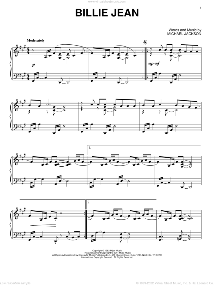 Billie Jean, (intermediate) sheet music for piano solo by Michael Jackson, intermediate skill level