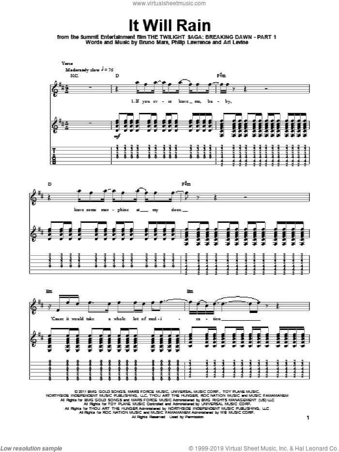 It Will Rain sheet music for guitar (tablature, play-along) by Bruno Mars, Ari Levine and Philip Lawrence, intermediate skill level