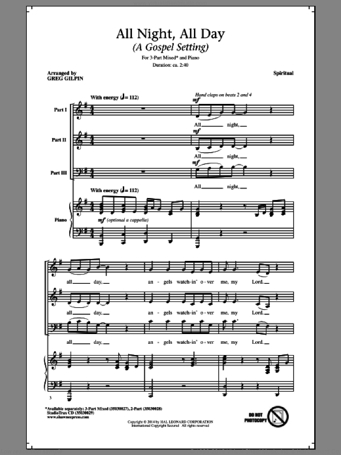 All Night, All Day sheet music for choir (3-Part Mixed) by Greg Gilpin, intermediate skill level