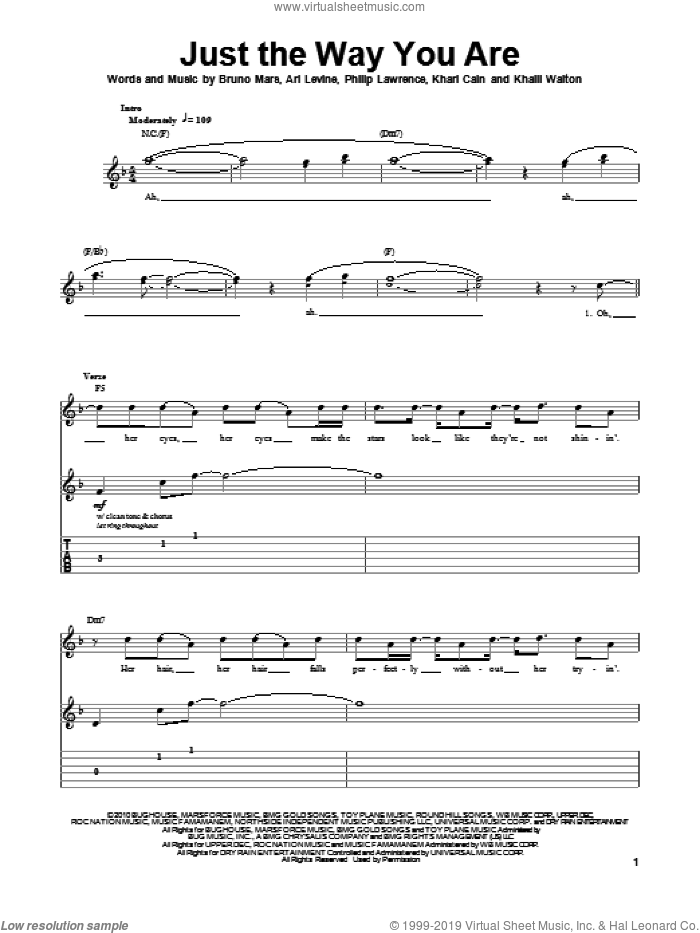 Just The Way You Are sheet music for guitar (tablature, play-along) by Bruno Mars, Ari Levine, Khalil Walton, Khari Cain and Philip Lawrence, wedding score, intermediate skill level